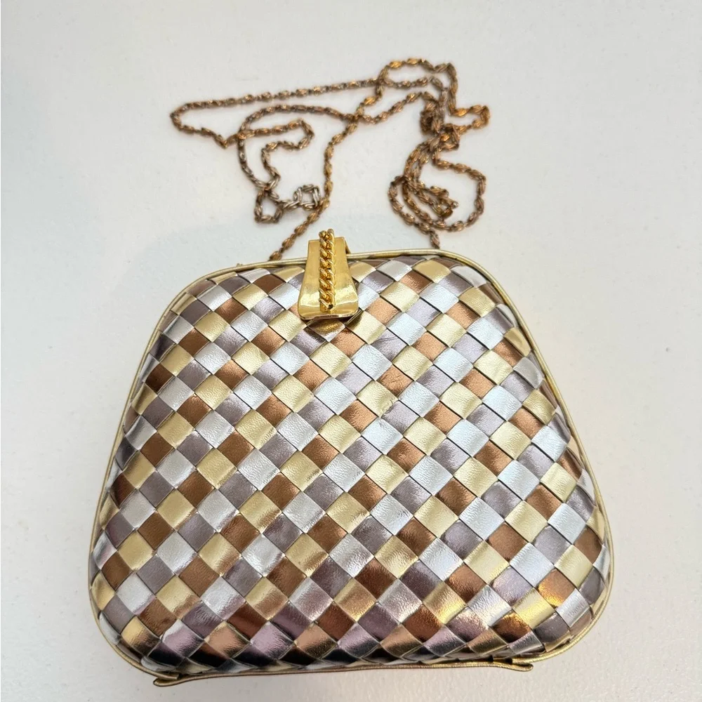 Gold and Silver Woven Metallic Chain Shoulder Bag